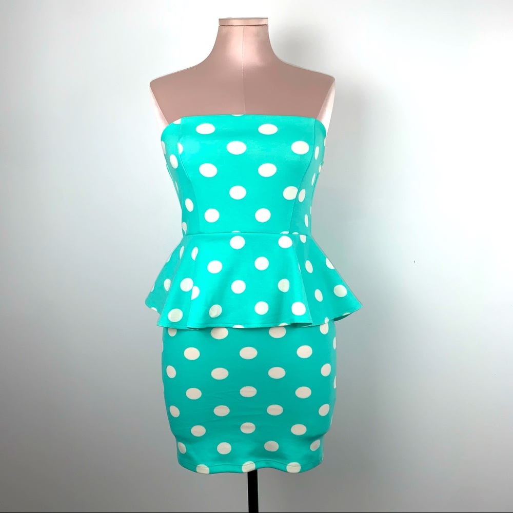 Teal Polka Dot Peplum Dress